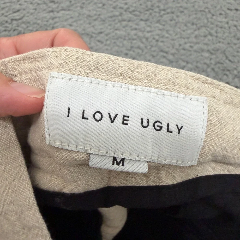 I Love Ugly Kobe Pants Mens Size M Pleated Cotton Linen Trousers Oatmeal Beige